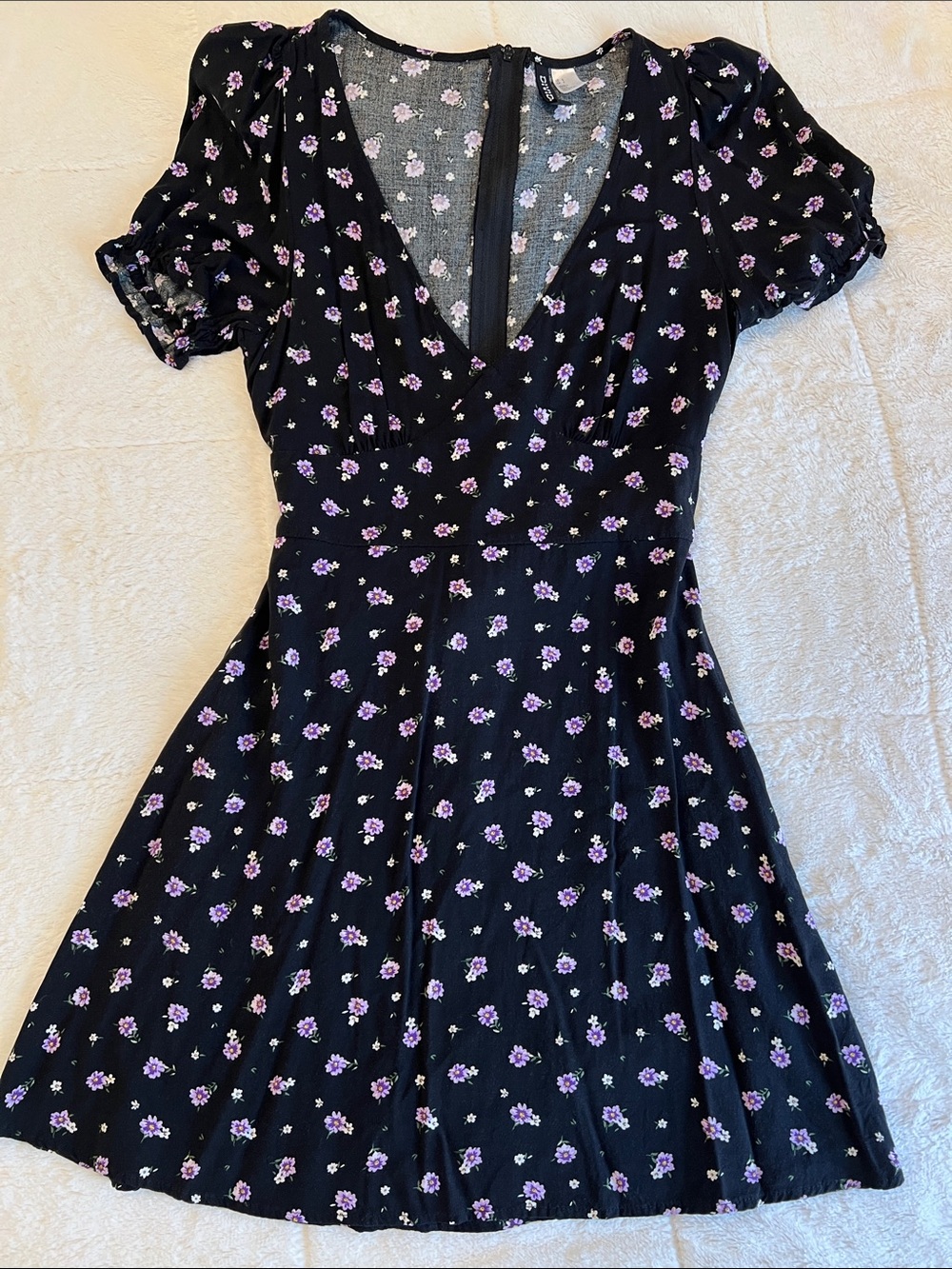 Divided Black Mini Dress with Lavender Floral Print